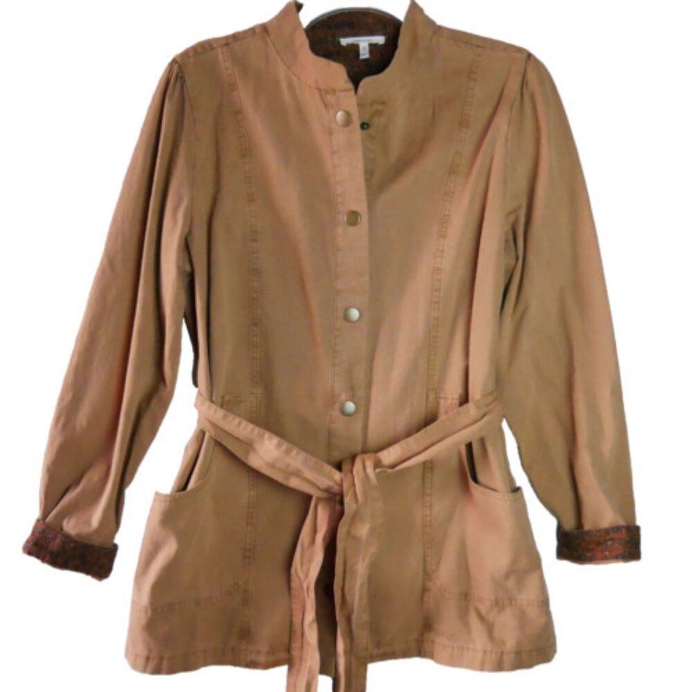 Maurices Women's Size M Belted Twill Jacket Beige Denim Pointed Shoulder